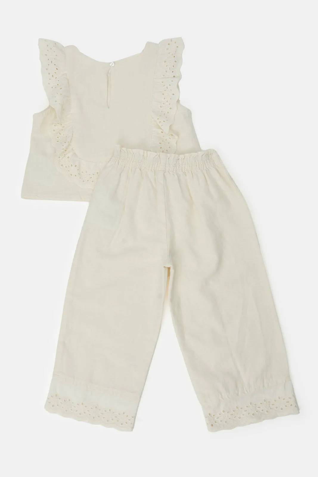 Infant Girls Beige Frill Embroidered Casual Set (2 Piece)