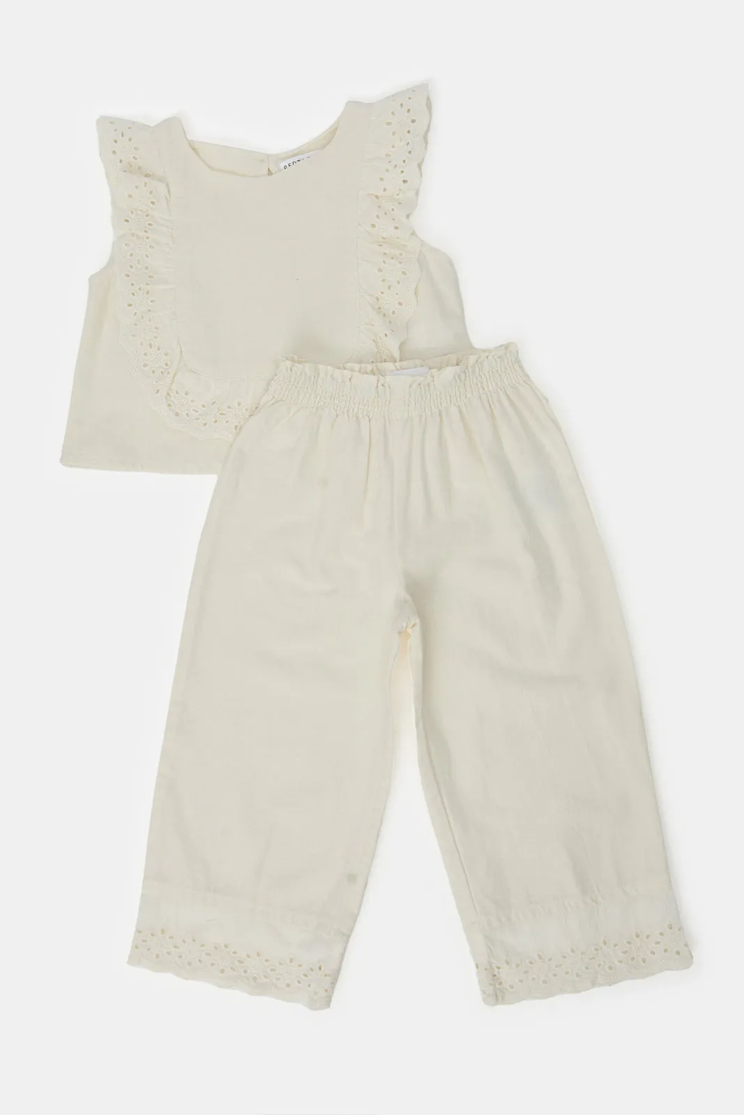 Infant Girls Beige Frill Embroidered Casual Set (2 Piece)