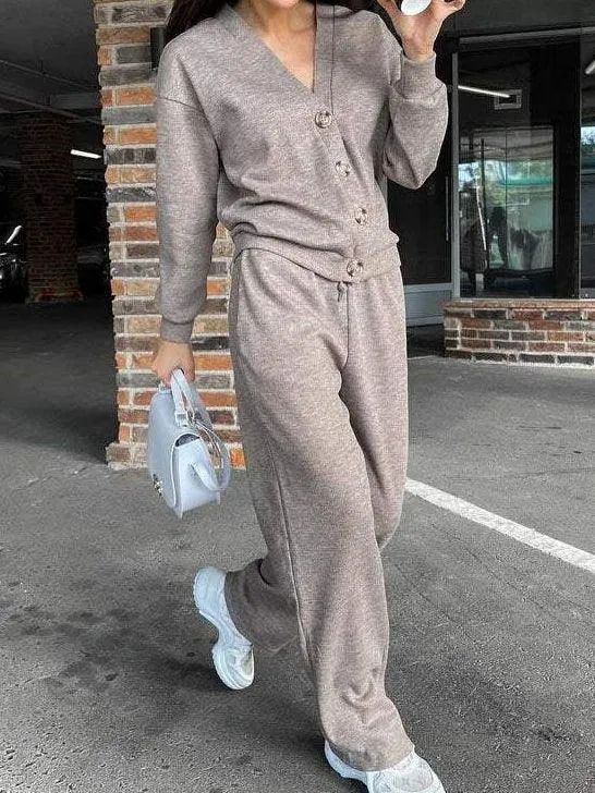 Ladies V-Neck Botton Top with Pants 2PCS Set SKST4879