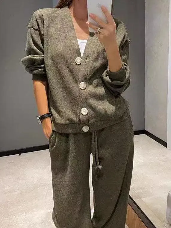 Ladies V-Neck Botton Top with Pants 2PCS Set SKST4879