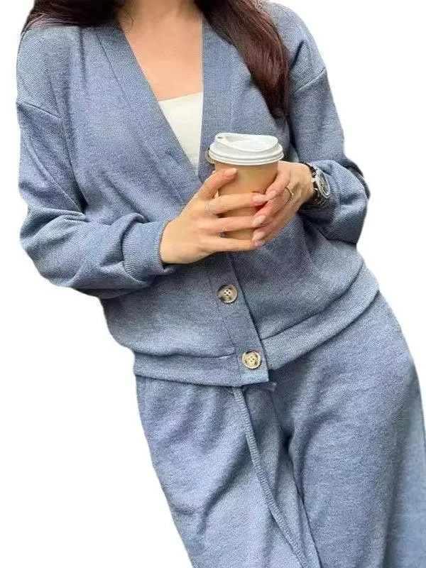 Ladies V-Neck Botton Top with Pants 2PCS Set SKST4879