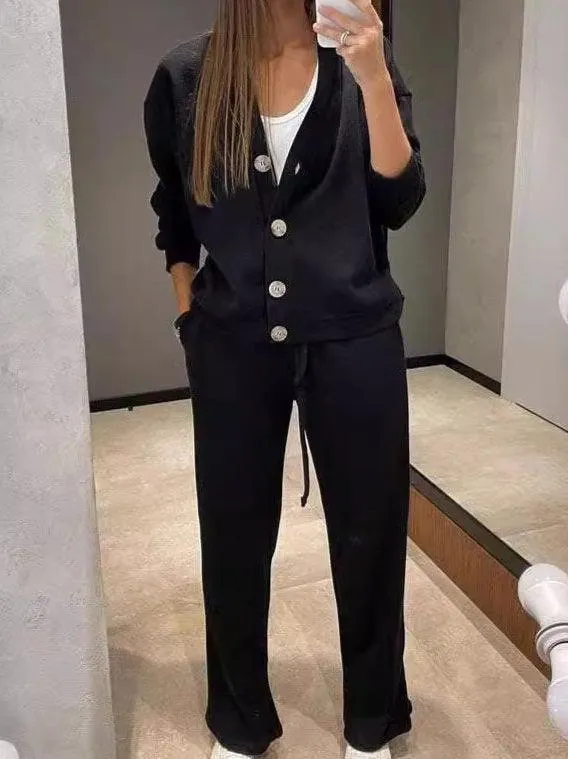 Ladies V-Neck Botton Top with Pants 2PCS Set SKST4879