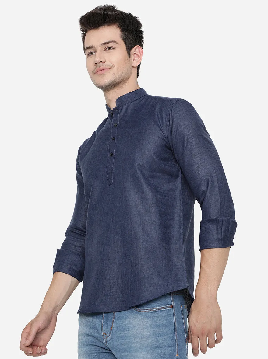 Navy Blue Solid Slim Fit Short Kurta | JB Studio