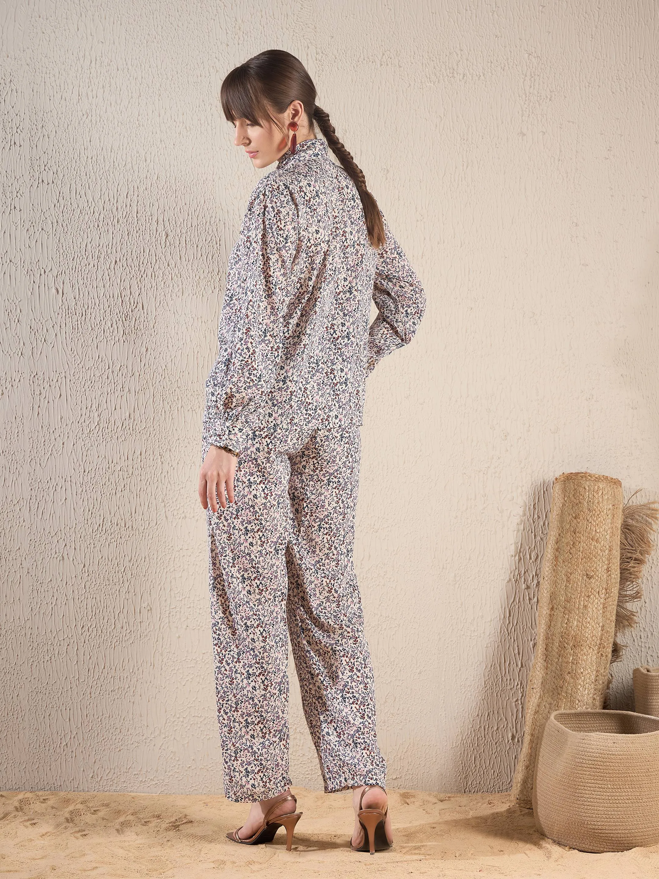 Women Cream Ditsy Floral Top With Pants