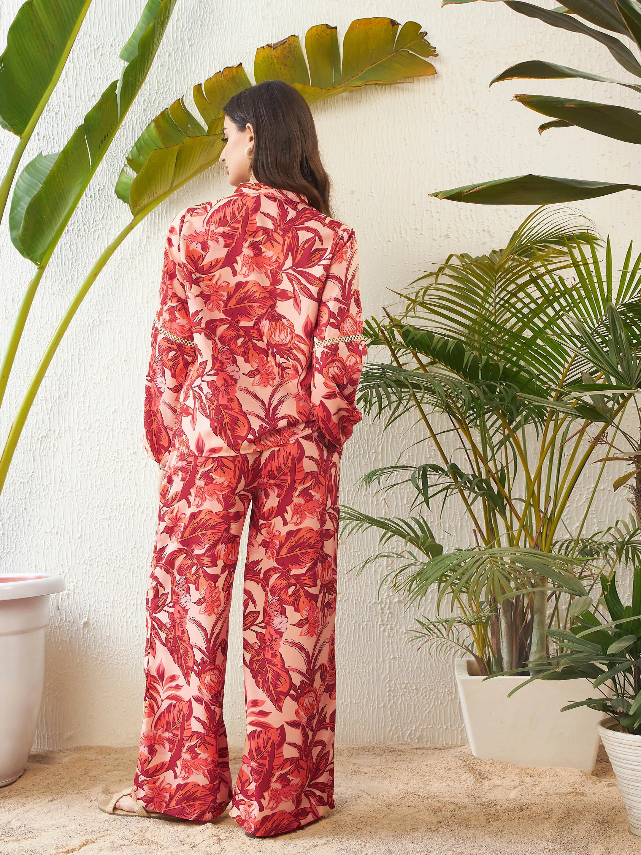 Women Rust Floral Lace Insert Blouse With Palazzo Pants